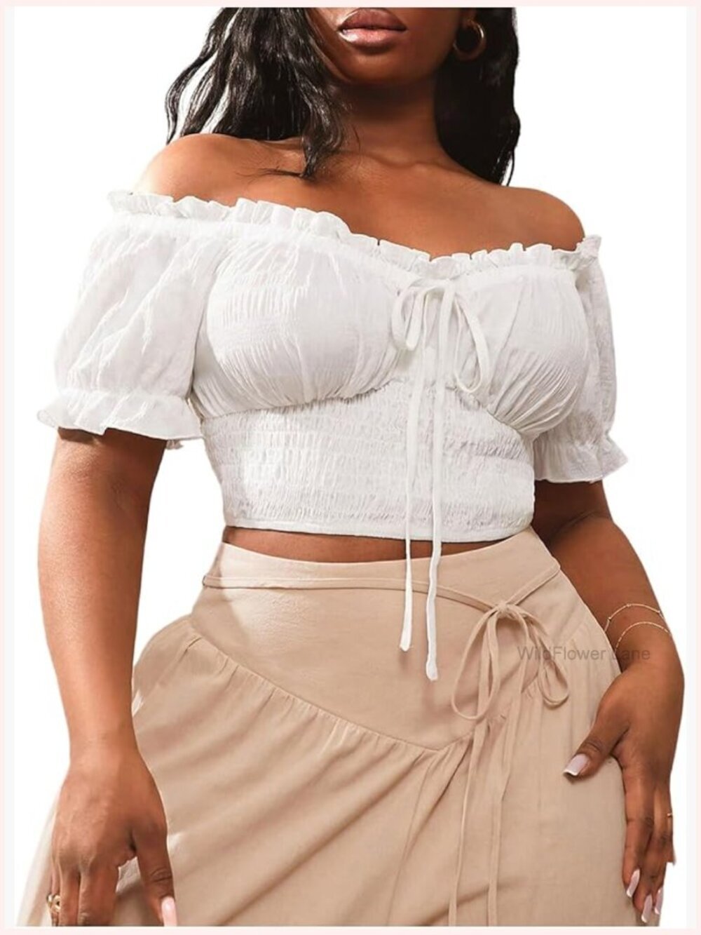 Off The Shoulder Ruffle Crop Top Blouse Smocked Front Tie Shirt